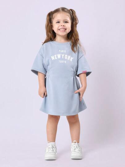 SUMWON 女孩都市时尚T恤连衣裙巴黎纽约东京旅行印花舒适超大束腰休闲春夏日连衣裙街头服饰