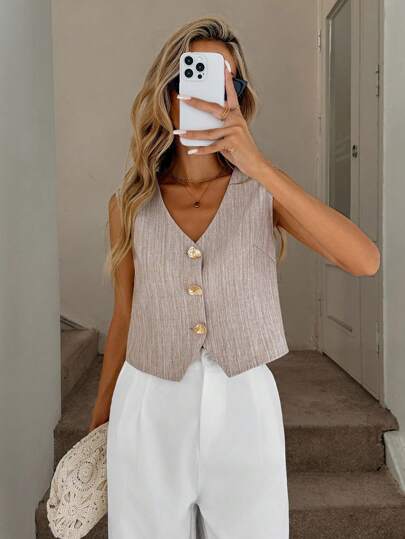 Easowa V-Neck Asymmetrical Hemline Metal Button Front Shirt Cardigan Waistcoat For Women, Casual Loose Daily Commute Retro Style Linen Vest Button Up Vest Light Brown Vest Women Summer Vest Linen Top