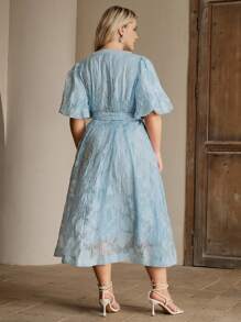 Anewsta Vestido de mujer de talla grande elegante con mangas abullonadas y lazo a la cintura en color azul fresco