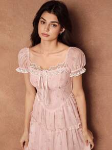 Savoree 优雅花卉印花泡泡袖系腰蕾丝边连衣裙，适合女士，婚礼宾客礼服，仙女裙，露肩