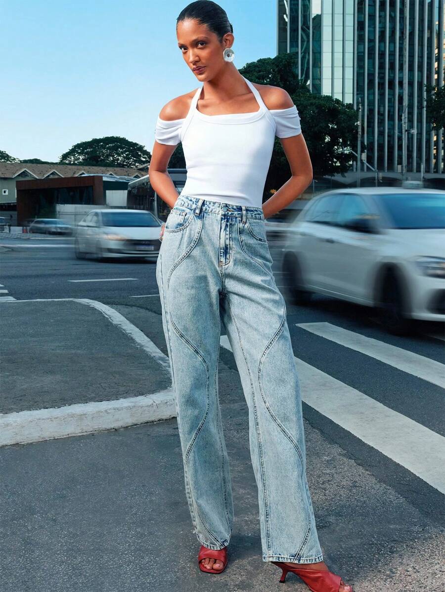 Daynim 女式休闲 S 型曲线开叉直筒宽松百搭牛仔裤 - 淺色水洗藍 - 查看 1