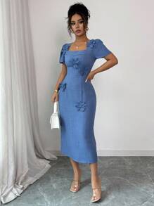 Elenzga Women's Solid Color 3D Floral Decor Square Neck Short Sleeve Slim Fit Elegant Mid-Calf Dress - Blue - View 3