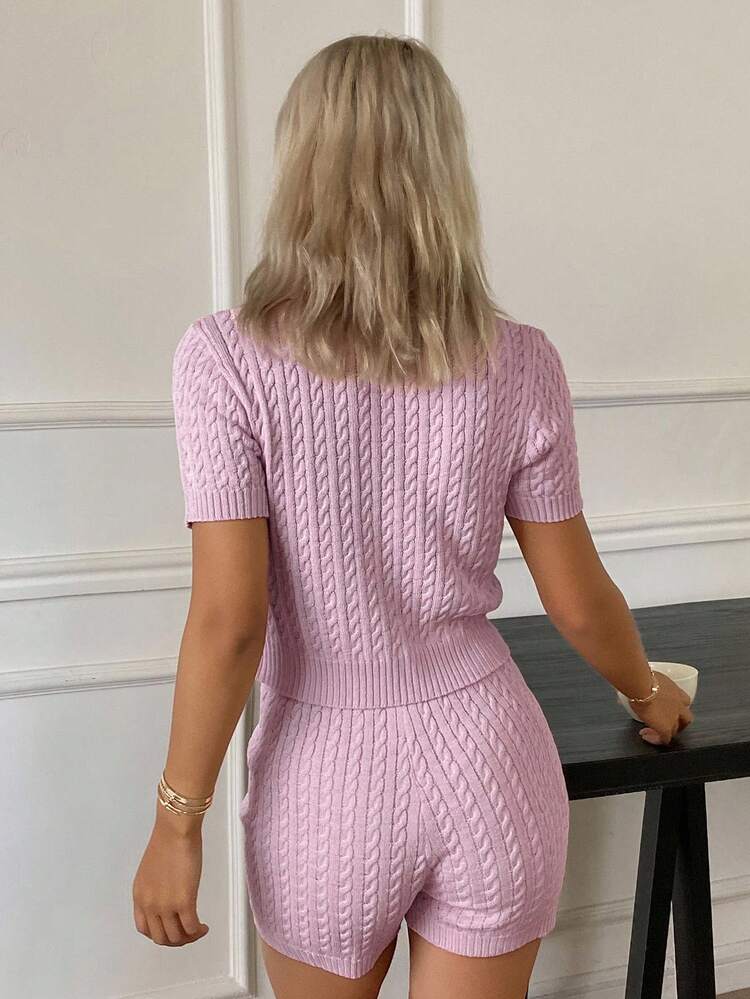 2pcs/Set Knitted Collared Fitted Short Sleeve Top And Shorts Set, Casual Women Outfit Pajama