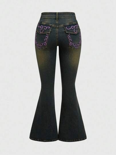 Hippie Boho Floral Embroidered Denim Flare Pants, Retro Hippie-Style For Summer Music Festivals