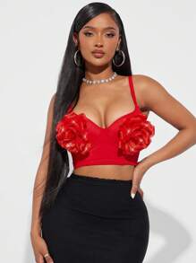 Radiana Red Floral 3D Decor Camisole Top With Adjustable Straps And Cups, Elegant For Vacation, Date, Casual, Street, Nightclub Party