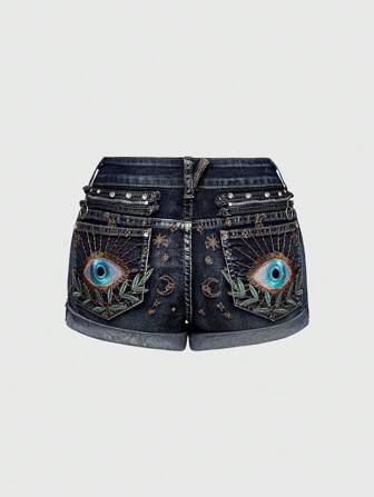 Fairycore Pantaloncini di jeans con ricamo retrò di occhi demoniaci, foglie, sole e luna, e stelle