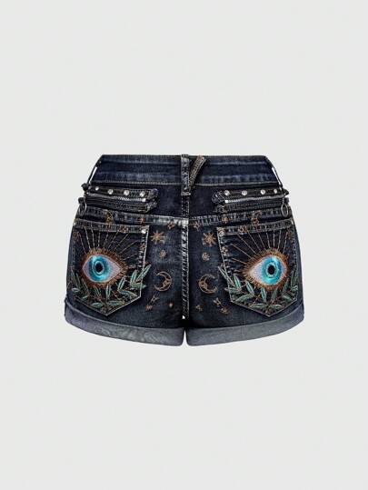 Fairycore Shorts vaqueros con bordados retro de ojo de demonio, hojas, sol y luna, y estrellas para niñas