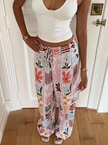 Aloruh 女士秋季花卉印花系腰阔腿裤，度假装夏季海滩度假装 - 彩色 - 查看 8