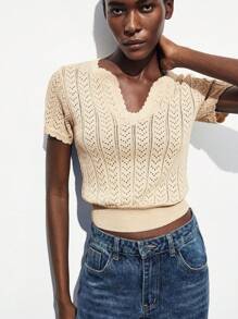 Maija Women's Summer Casual Solid Color Hollow Out Knit Short Sleeve Sweater Women Knitted Tops Summer Tops Crochet Top Women