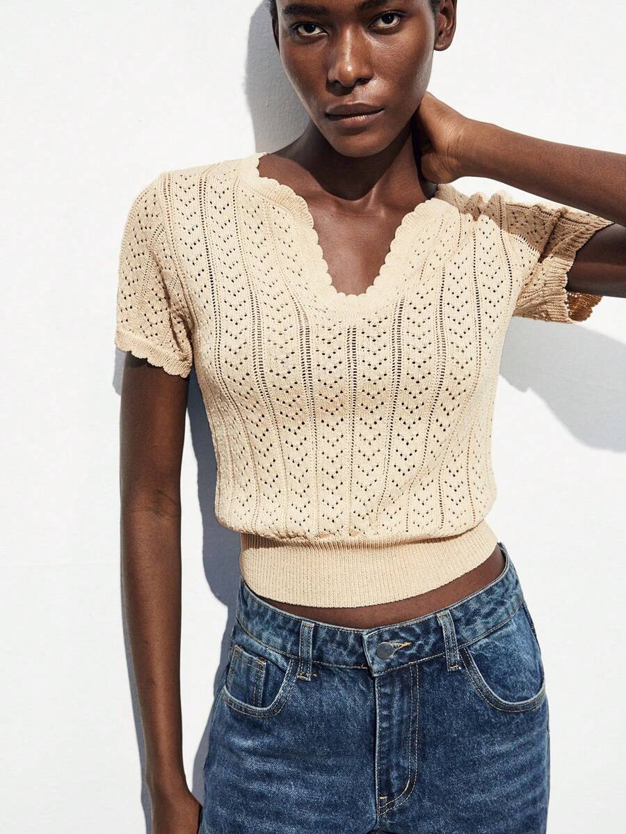 Maija Women's Summer Casual Solid Color Hollow Out Knit Short Sleeve Sweater Women Knitted Tops Summer Tops Crochet Top Women