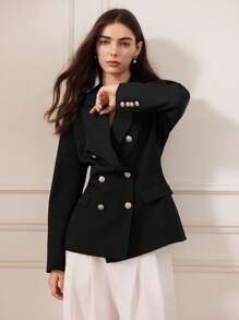 Briarwyn 女士优雅通勤纯色双排扣西装外套，秋季女士，冬季女士，老款风格，返校，复古女士，女士教师，冬季夹克 - 黑色 - 查看 10