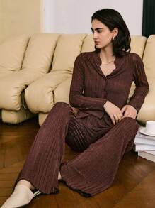 Moireta 简约休闲罗纹针织收腰 V 领喇叭袖女式睡衣套装 - 棕色 - 查看 3