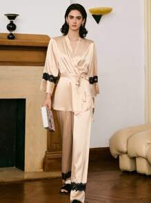 Moireta Set de pijamale pentru femei, elegant, matur, din dantelă, cu model patchwork, din satin, îmbrăcat în satin, pentru dormitor, haine de toamnă și iarnă - alb - Vizualizare 6