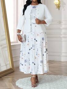 SHEIN Lady 春夏秋冬休闲优雅通勤办公室彩色圆领喇叭腰带纽扣中长袖休闲优雅金色连衣裙职业装棕色裙子白色裙子女装套装 - 彩色 - 查看 1