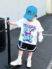 SHEIN 2pcs/Set Baby Boy Summer Cute Cartoon Print Knit Short Sleeve T-Shirt And Elastic Waist Shorts Set - Multicolor - View 1