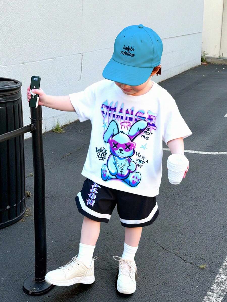 SHEIN 2pcs/Set Baby Boy Summer Cute Cartoon Print Knit Short Sleeve T-Shirt And Elastic Waist Shorts Set - Multicolor - View 1
