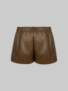 SHEIN LUNE Plus Size Women Solid Color Pocket Wide Leg Loose Casual Shorts - Brown - View 2