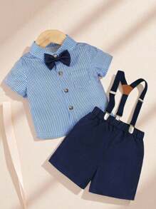 2 件复古英伦风格男婴正式绅士装，蓝色条纹印花短袖衬衫搭配蝴蝶结和休闲吊带短裤套装，适合夏季，6 个月至 3 岁，适用于生日派对、典礼、表演、婚礼、满月典礼、生日、婴儿洗礼 - 彩色 - 查看 1