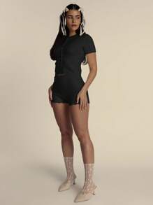 MUSERA 柔软针织纽扣短袖开衫，适合春夏穿着，清新可爱，尽显柔美气质，适合假日、度假、机场、冬季、日常办公等各种场合，时尚百搭。 - 黑色 - 查看 4