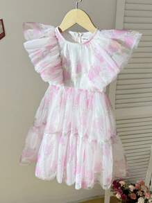 SHEIN 年轻女孩优雅圆领荷叶边下摆花卉印花连衣裙