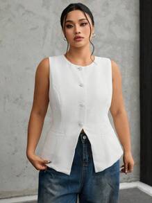 SHEIN EZwear Chaleco informal de resort de cintura ceñida sin mangas de talla grande de lino