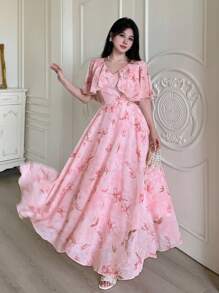 Modelyn Women's V-Neck Cape Design Floral Print Chiffon Waist Flared Dress - Pink - View 2