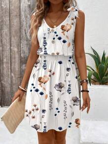 Hotletica Váy quấn hoa ngày lễ mùa hè cho nữ có nút cài, cạp chun và thắt lưng, trang phục đi biển nghỉ mát - trắng - Xem 3