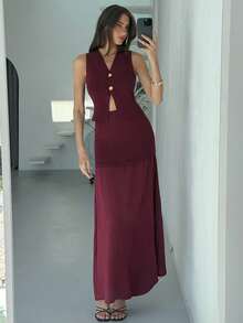 Aloruh 婚礼宾客礼服女式优雅简约时尚通勤无袖 V 领针织背心和高腰荷叶边下摆 A 字型中长连衣裙套装，秋冬季端庄 - 咖啡棕 - 查看 7