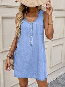 EMERY ROSE 女式牛仔无袖迷你连衣裙，休闲修身，蓝色