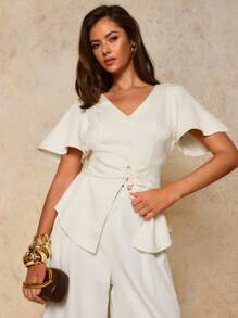 COSMINA Ropa de mujer de otoño, blusa elegante de mujer con cuello en V y botones metálicos en la cintura, para uso diario en las cuatro estaciones, blusas para salir, casual de negocios para mujer