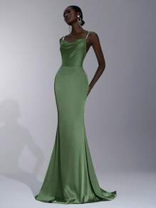 Elitara 优雅绿色缎面迷人珍珠吊带垂坠领美人鱼露背性感连衣裙，适合约会、度假、生日派对、舞会、婚礼、舞会、伴娘 - 綠色 - 查看 6