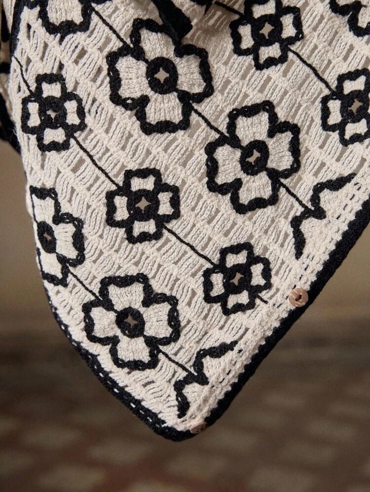 Men's Knitted Floral Cardigan Fall Sweater, Black & White, Fashionable Slim Fit Short Sleeve Casual Knit Top, Suitable For Summer, Vacation, Daily Wear, Party, Couple, Men's Gift, Anniversary