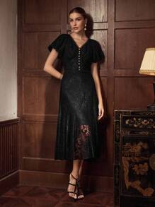 ZEYLAH Thời trang thanh lịch cho phụ nữ dài ren váy với eo định nghĩa - màu đen - Xem 7