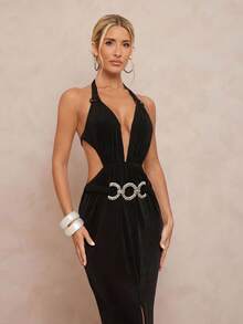 Lumalex Robe fendue à dos ouvert avec accent de chaîne métallique sexy, sans manches