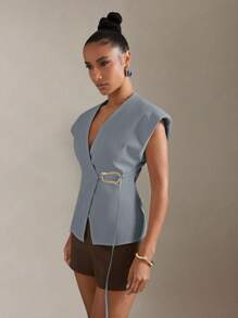 Hauture Front Buckle Cap Sleeve V-Neck Elegant Top - Blue - View 3