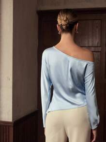 ZEYLAH 3D Flower Decor Oblique Shoulder Long Sleeve Elegant Waist Cinched Blouse, Early Autumn - Blue - View 6
