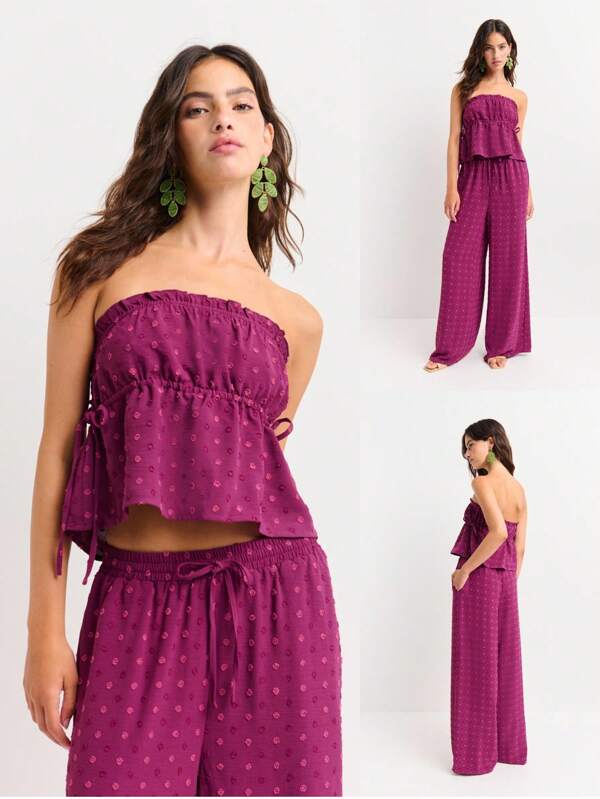Nöista Conjunto de top hombros descubiertos y pantalones a juego en color mora con estampado de puntos. Con un corte holgado y piernas tipo palazzo. Perfecto para el 4 de julio, orgullo, escapadas a la playa o como atuendo chic para el aeropuerto.