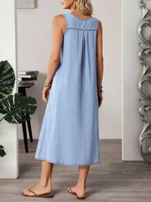 EMERY ROSE Vestido de mezclilla casual sin mangas con cuello redondo, diseño de botones y bolsillos para mujer