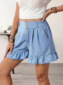 EMERY ROSE Women's Casual Washed Ruffle Hem Denim Shorts