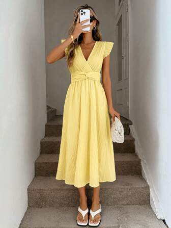 Easowa Gerafftes, gekreuztes Wickelfront Kurzarm Kleid mit elastischer Taille und geraffter Taillierung in A-Linie, elegant für den Lässig-Urlaub, Frühling/Sommer
