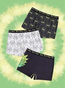 Rick and Morty X SHEIN 3pcs/Pack Men's Black & White Cartoon Character Rick Face Print Letter Tape Waist Contrast Stitch Boxer Briefs - Black - View 2