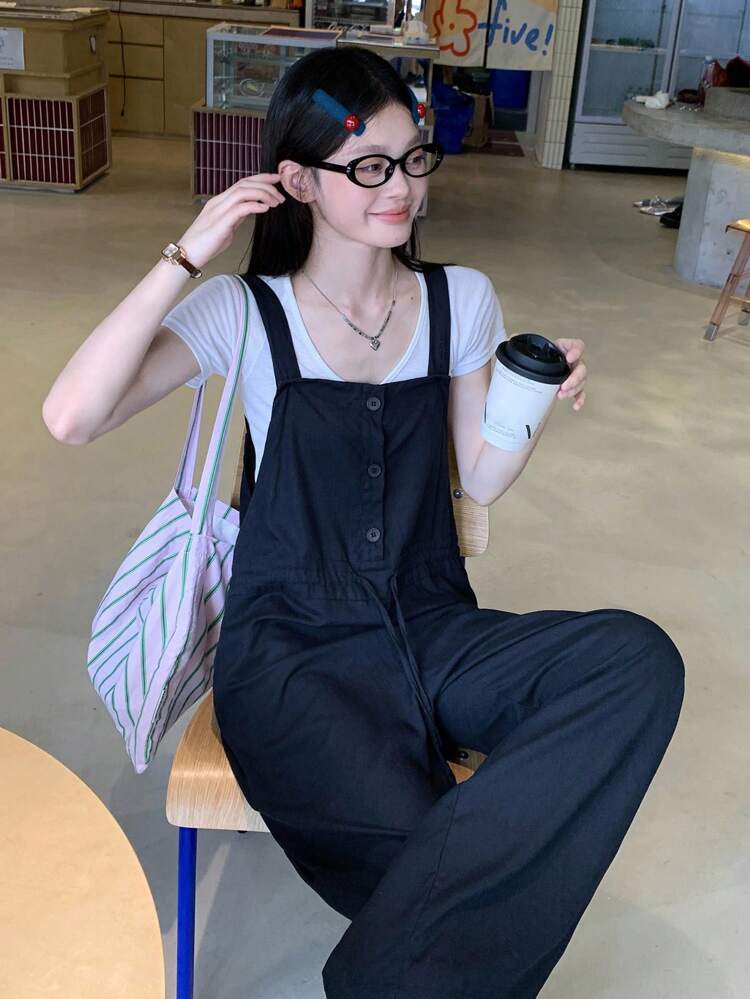 Women's Solid Color Casual Versatile Jumpsuit With Suspenders Jumpsuit