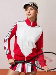 CourtClass Áo khoác thể thao in họa tiết sọc Colorblock thường ngày dành cho nữ - Đỏ - Xem 4