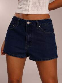 Avantive 女士夏季基本款深蓝色洗水牛仔短裤/装饰皮标/夏季牛仔短裤/可爱/外出/度假/办公室穿着女士牛仔短裤高腰牛仔短裤蓝色牛仔短裤女士牛仔短裤女士 - 深色水洗藍 - 查看 4