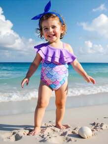 Baby Girl Mermaid Scale Print Asymmetrical Neck Hollow-Out One-Piece Swimsuit, Suitable For Beach Vacation