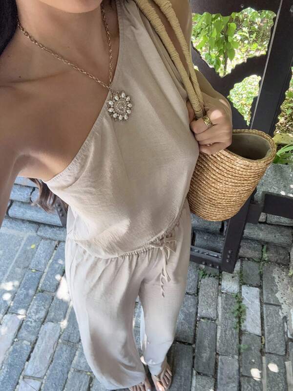 Sunnyshic Khaki Asymmetrical Neck Sleeveless Waist-Cinched Wide Leg Long Jumpsuit, Vacation Beach Bohemian Elegant Cute Everyday Outfit, Women's Summer