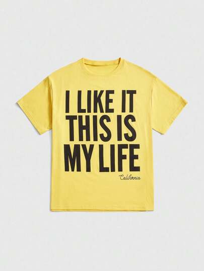 Street Life Camiseta suelta de cuello redondo con eslogan de estilo casual Y2K para mujer en color amarillo