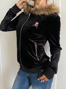 SHEIN EZwear 女士骷髅刺绣仿皮草装饰连帽衫 - 黑色 - 查看 4