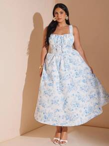 SHEIN BAE 女士大码服装 婚纱 伴娘服 迷你裙 派对服 约会服 节日服 大码女装 夏季 暑假 约会 旅行服 情人节 连衣裙 小碎花裙 野餐服 优雅连衣裙 女士夏季服装/春季服装/情人节服装/狂欢节/海滩度假服装，紧身胸衣裙 - 藍色 - 查看 6