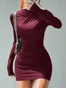 SHEIN EZwear Women's Simple Solid Color Ruched Body-Con Dress, Autumn Sexy Long Sleeve Dresslong Sleeve Claret Dress,Fall - Burgundy - View 3